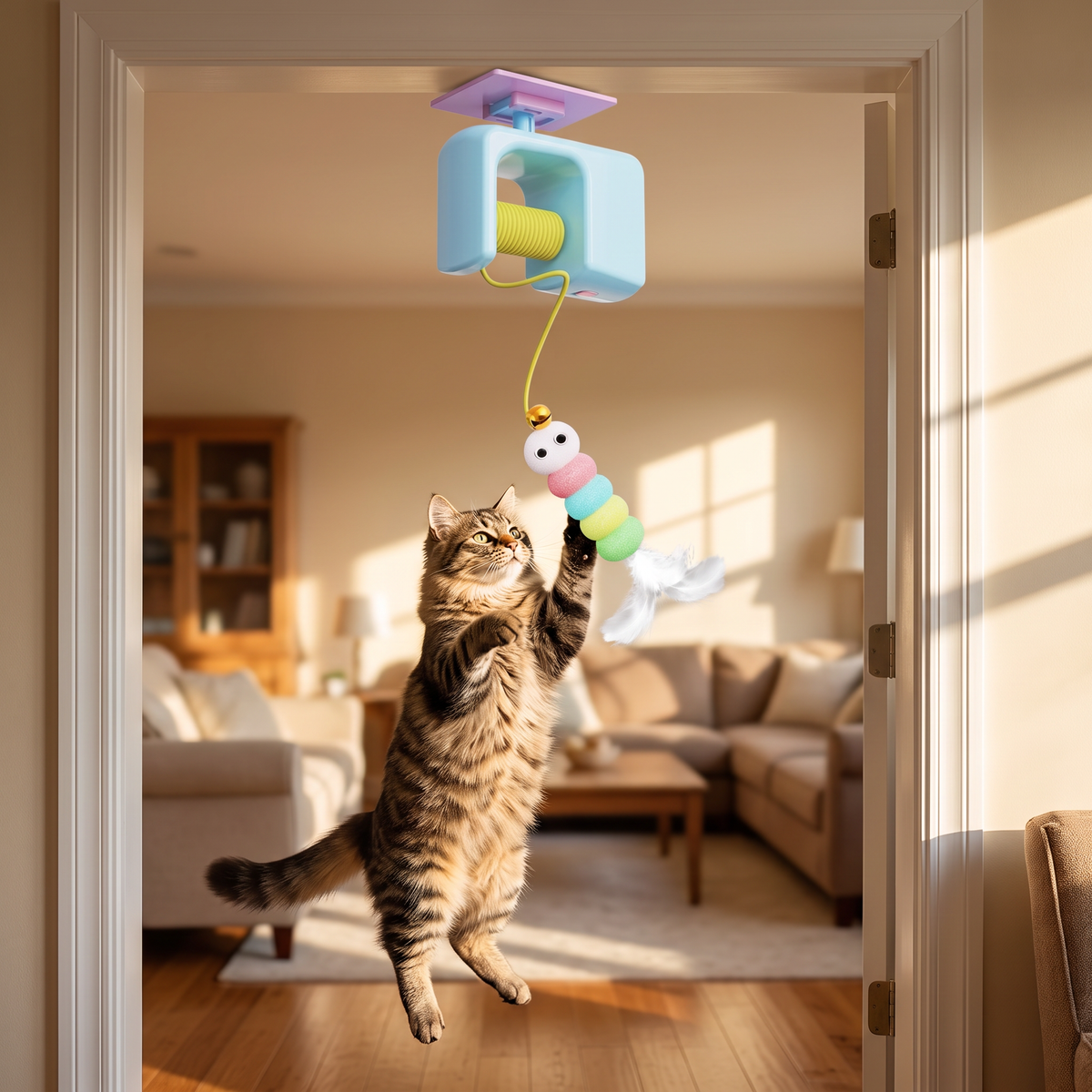Tabby cat leaping to catch the Zoomie Bug automatic hanging cat toy in blue, mounted on a door frame