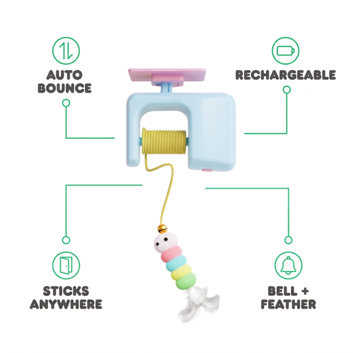 Zoomie Bug features: auto bounce, rechargeable, sticks anywhere, bell and feather
