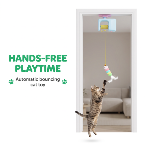 LuvePaw automatic bouncing cat toy hanging from a door frame with a tabby cat jumping