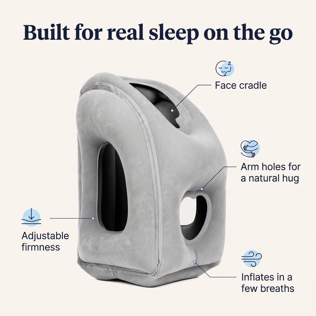 NapHug features: face cradle, arm holes, quick inflation, adjustable firmness
